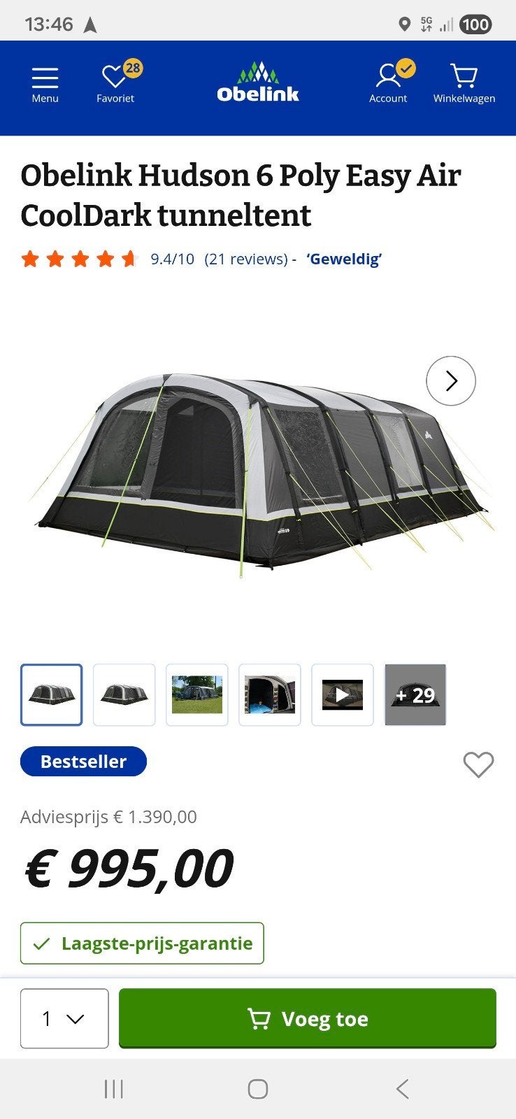 obelink opblaas tent .hudson 6 polyester easy air cooldark, Caravans en Kamperen, Ophalen, Zo goed als nieuw