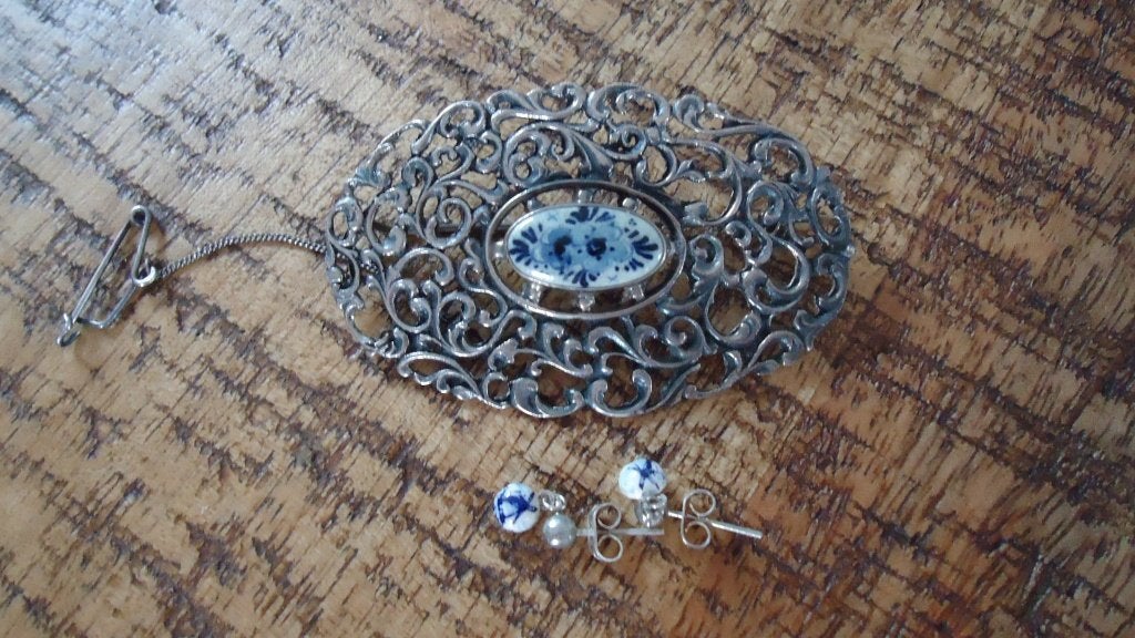 Grote zilveren broche met bijpassende oorbellen, 4 tot 7 cm, Blauw, Ophalen of Verzenden, Zo goed als nieuw