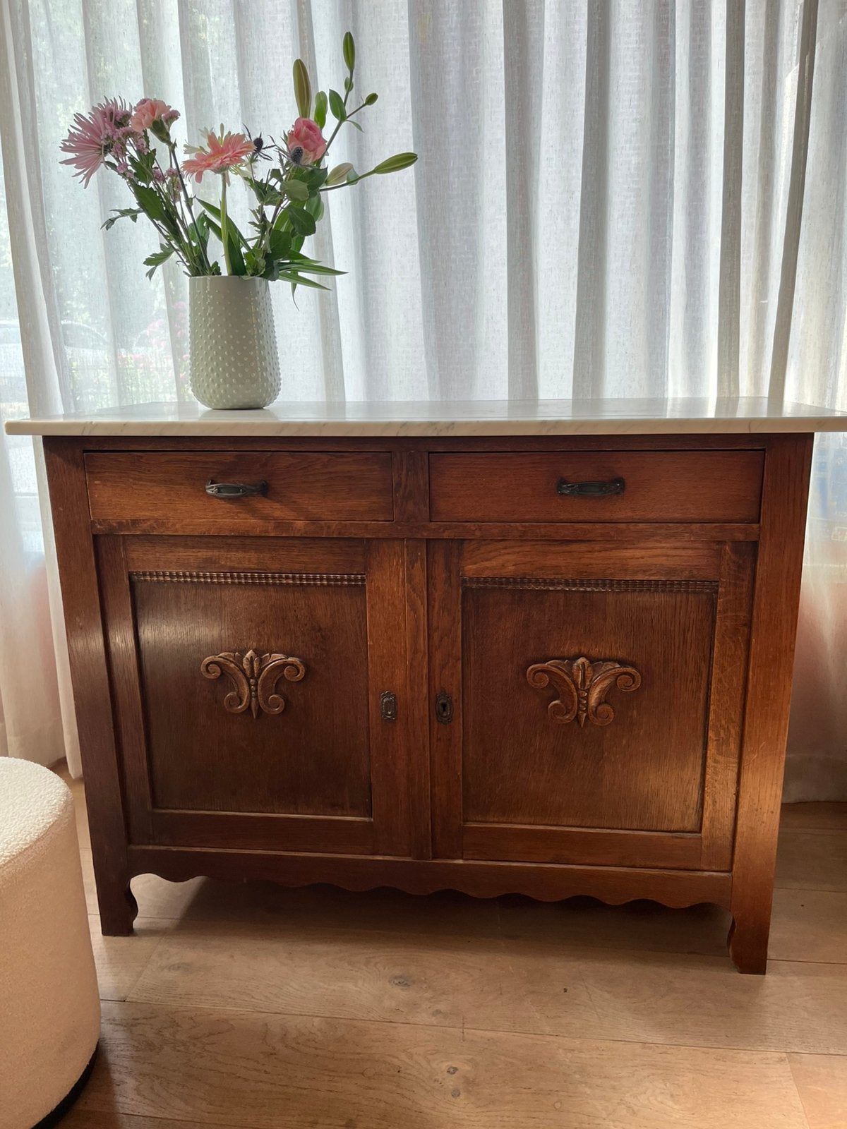 Vintage commode met marmeren blad, Ophalen, 50 tot 70 cm, 90 tot 105 cm, 100 cm of meer