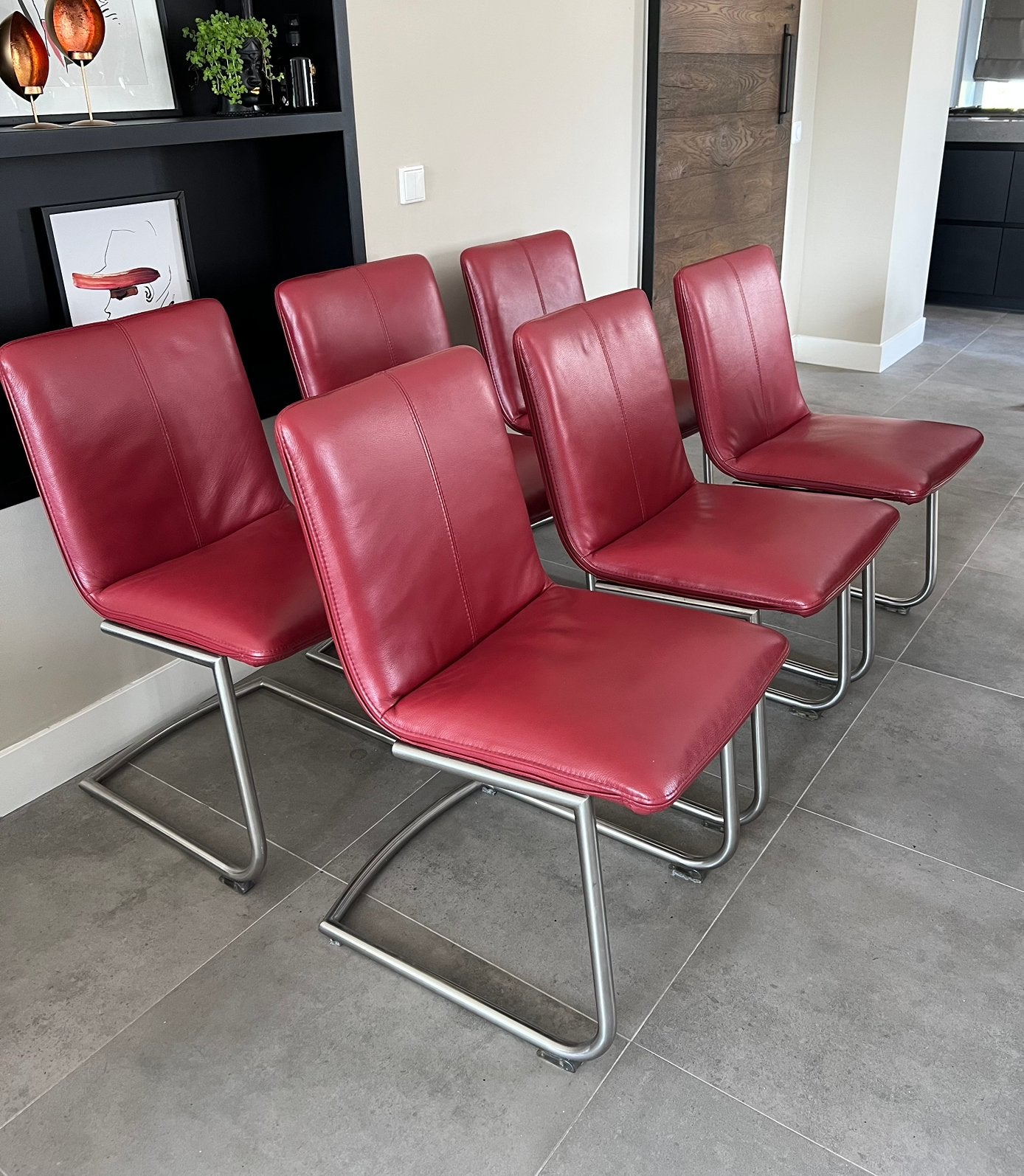 4/6 rood lederen Henders en Hazel design stoelen rvs frame, Huis en Inrichting, Stoelen, Ophalen, -, -, Henders en Hazel