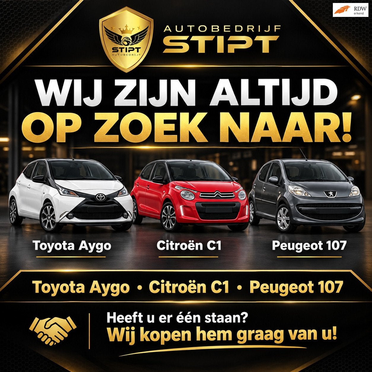 Peugeot 107 WIJ KOPEN UW AUTO C1-107-AYGO, Gebruikt, Zwart, 4 stoelen, 68 pk
