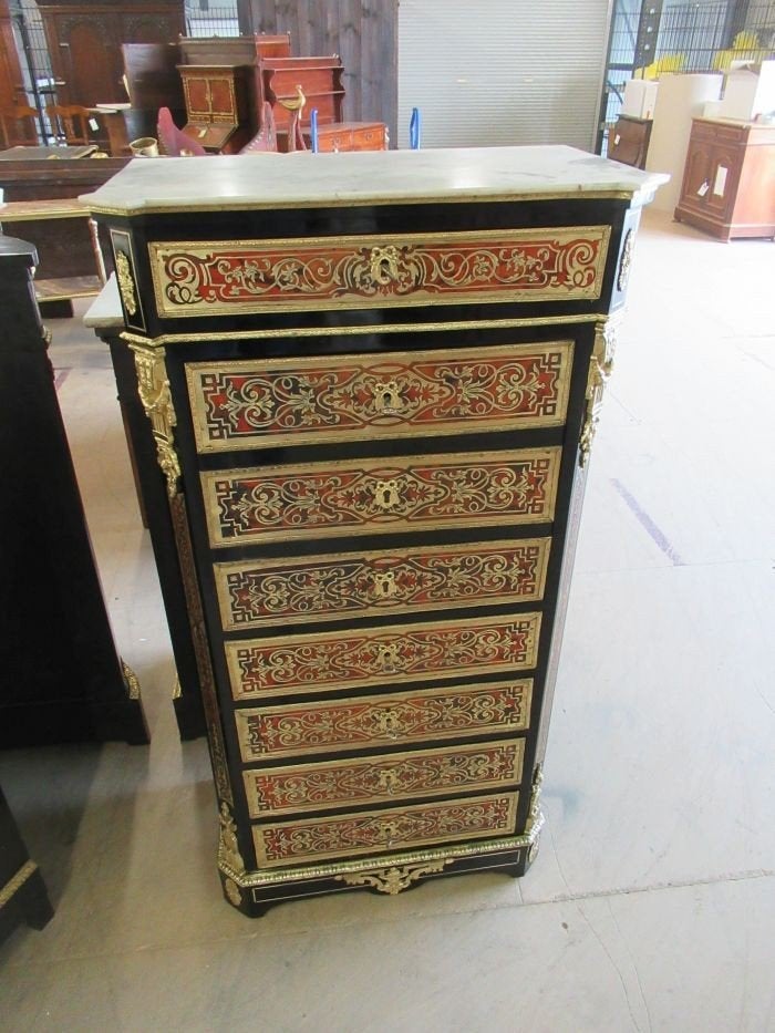 Oer 08983 smal antiek rode boulle klepbureautje met lades, Ophalen