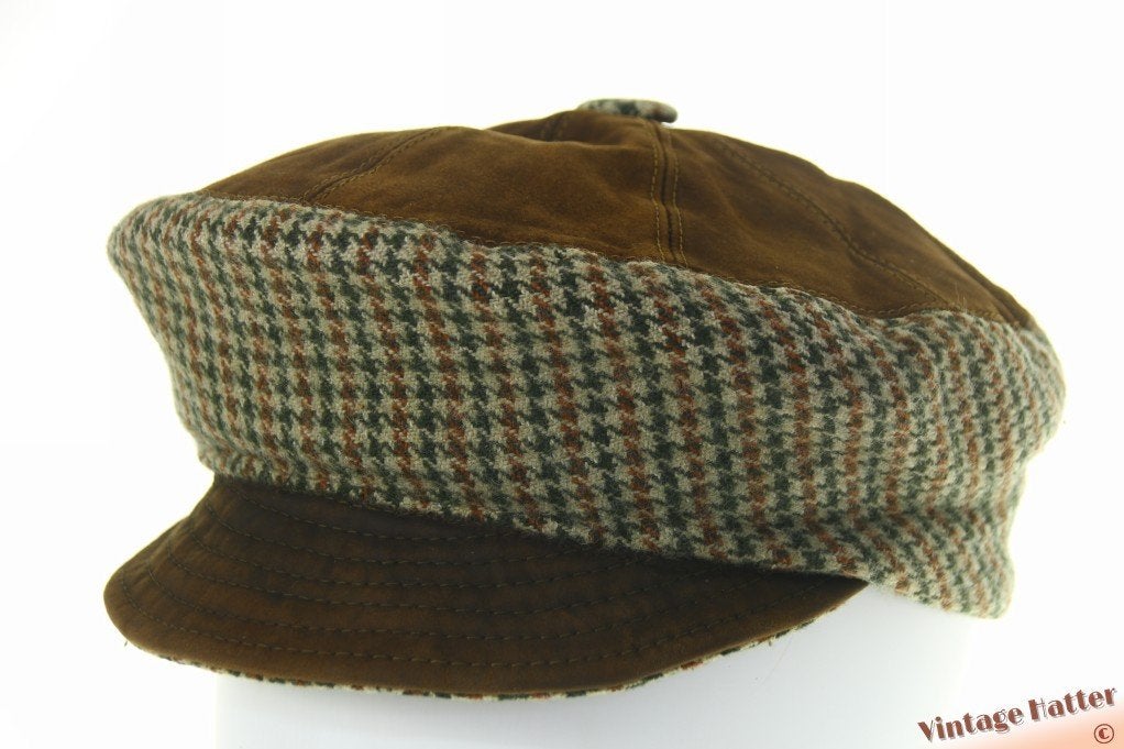 Vintage Panelenpet beige groen tweed met bruin leer 56,5, Ophalen of Verzenden, Gedragen, 57 cm (M, 7⅛ inch) of minder, Pet