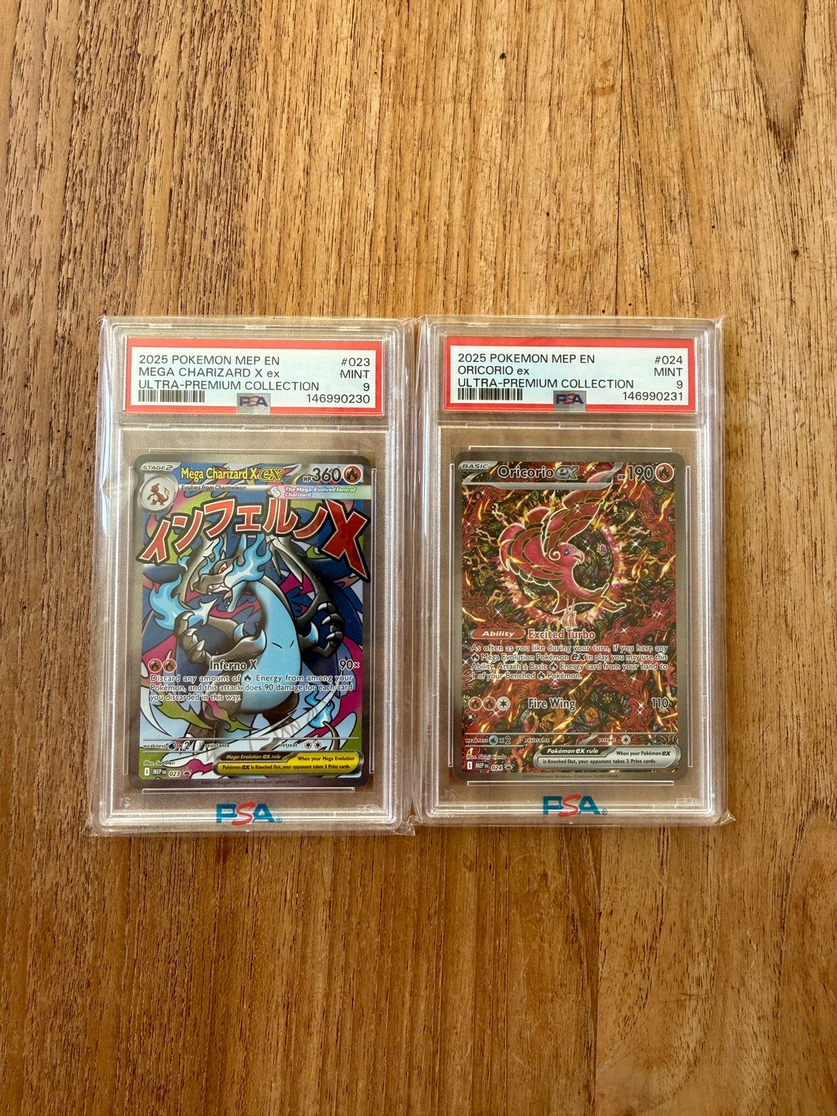 Mega Charizard 023 - Mega Oricario 024 PSA9, Hobby en Vrije tijd, Ophalen of Verzenden, Nieuw, Meerdere kaarten