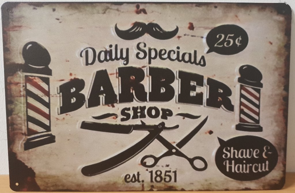 Barber Shop kappers reclamebord van metaal wandbord deco, Info@deconoord.nl, Deco Noord, Nieuw, Ophalen of Verzenden
