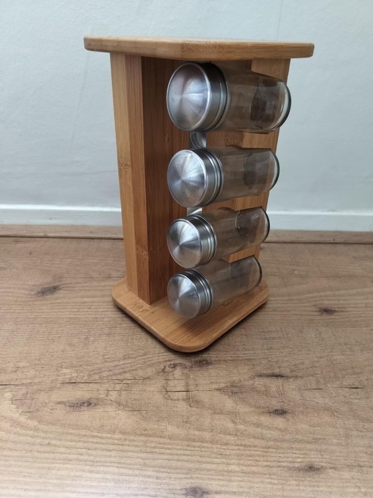 Houten kruidenrekje met 8 glazen potjes, Ophalen of Verzenden