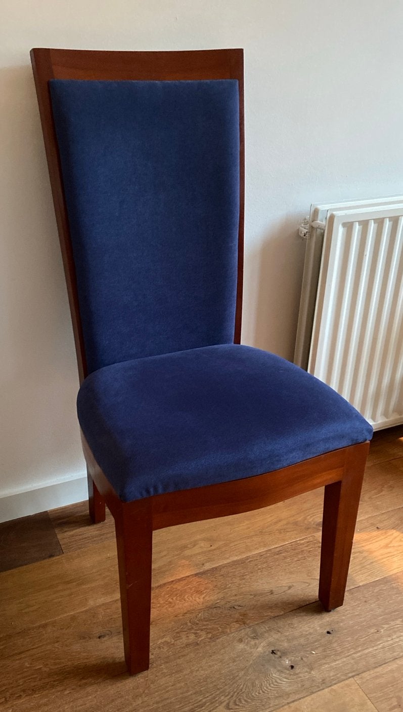 8 eetkamerstoelen van mahonie hout met donkerblauwe stof, Huis en Inrichting, Stoelen, Ophalen, Blauw, Zo goed als nieuw, Vijf, Zes of meer stoelen