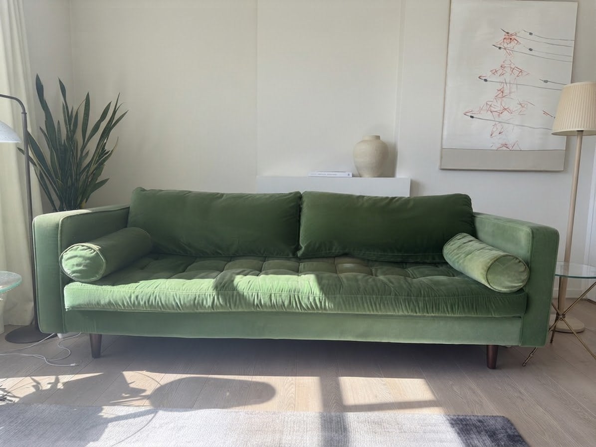 3-zits bankstel Scott van MADE.COM velvet groen, Gebruikt, Driepersoons, 75 tot 100 cm, Ophalen of Verzenden