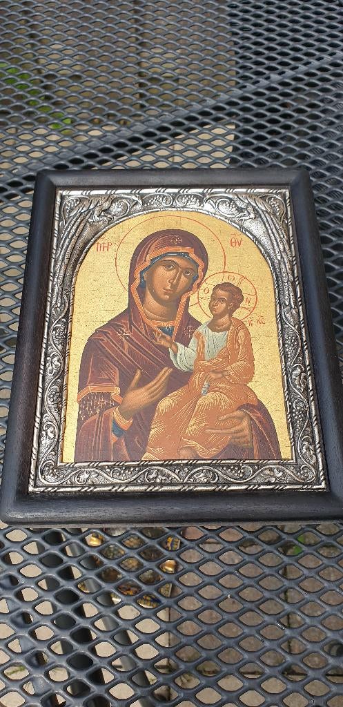 925 zilveren houten icoon 'moeder Maria met Jezus", Antiek en Kunst, Antiek | Religie, Ophalen of Verzenden