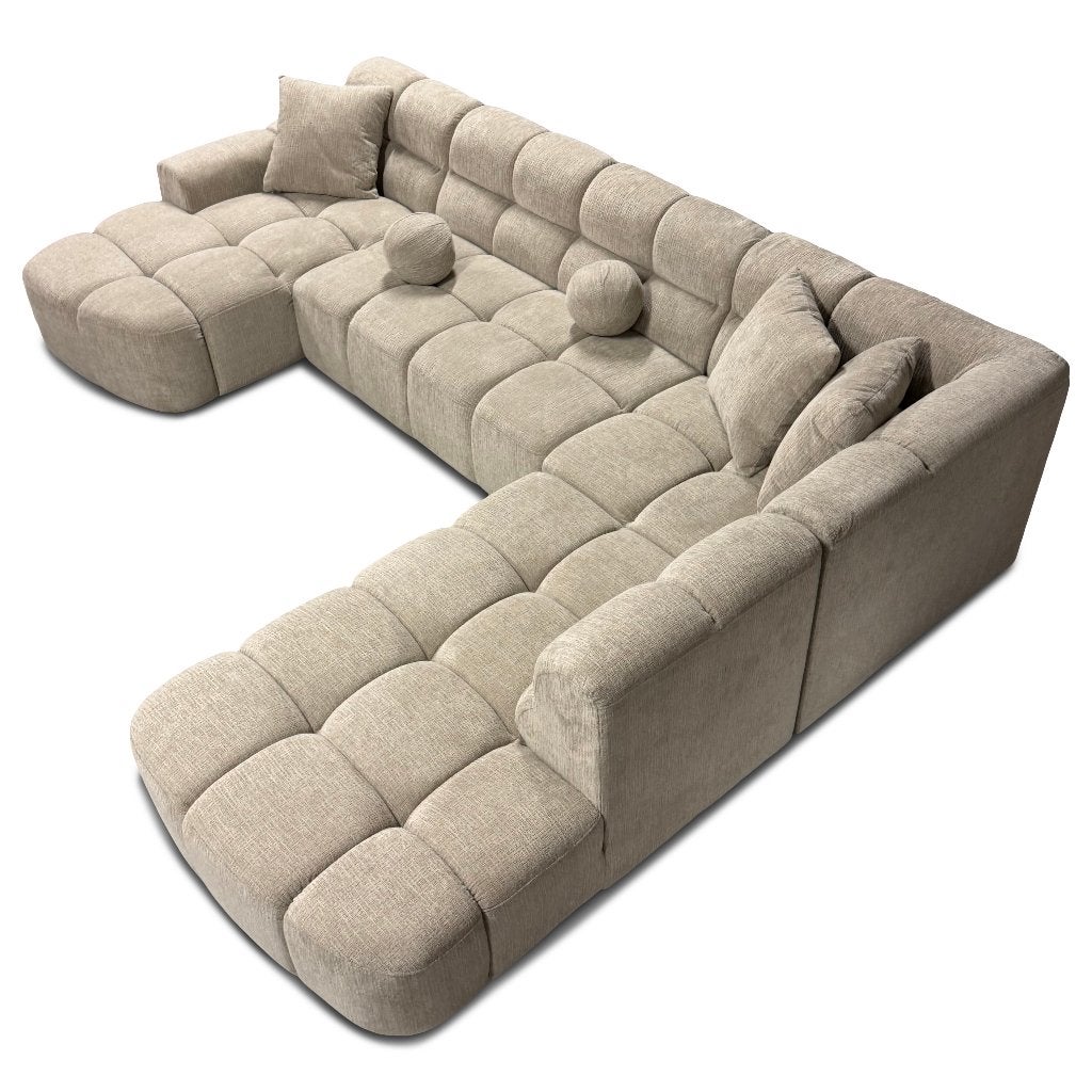 Foto 6 van Vakken bank taupe stof lounge hoekank **uit voorraad**