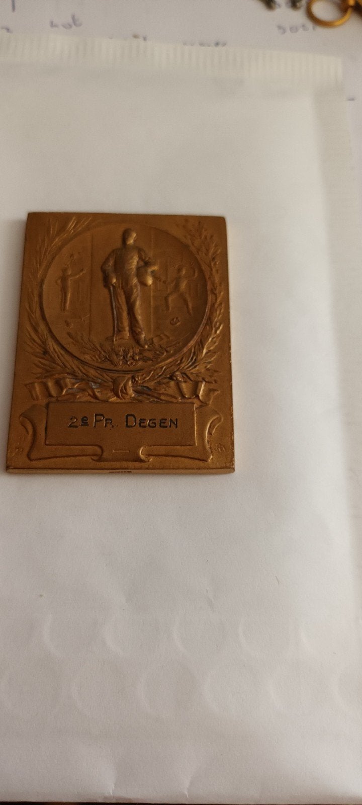 Antieke Bronzen Medaille: 2e Prijs Degen Schermen, Ophalen of Verzenden
