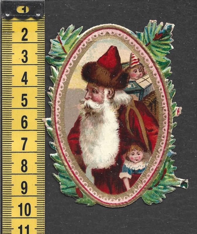 Kerstman met pop met goud antiek poezieplaatje (735), Ophalen of Verzenden
