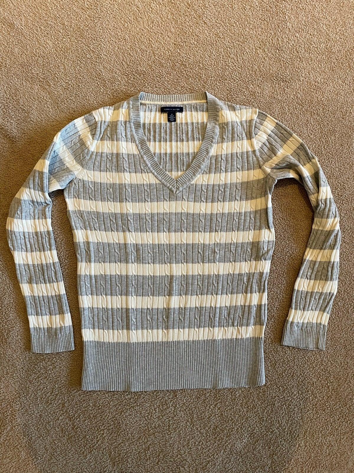 Tommy Hilfiger gestreepte V-hals trui, maat M, Kleding | Dames, Ophalen of Verzenden, Zo goed als nieuw, Maat 38/40 (M), Grijs