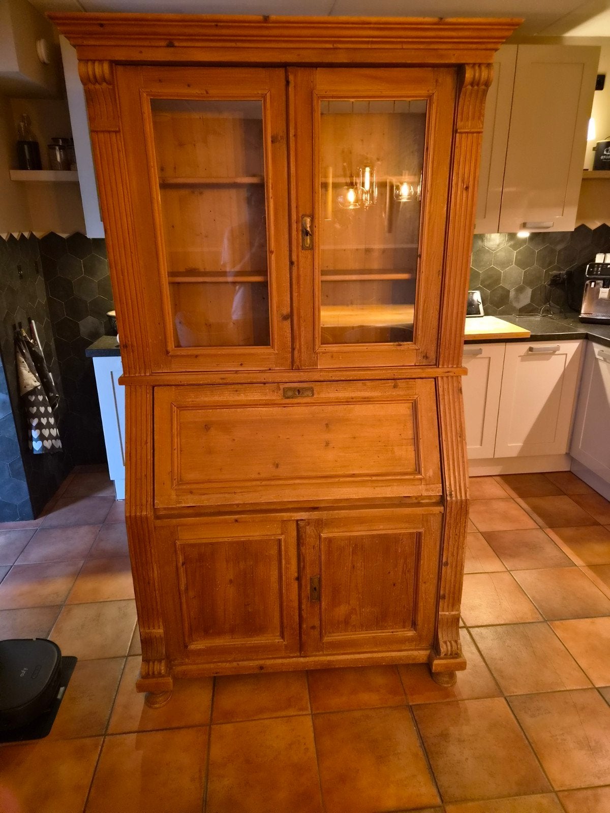 Antiek grenen secretaire met vitrinekast, Ophalen of Verzenden