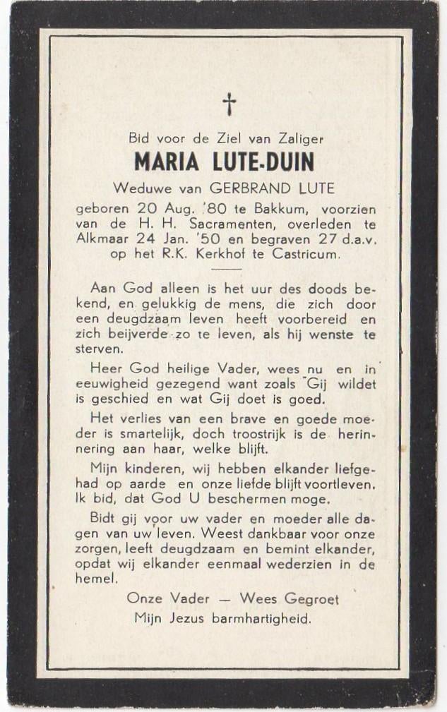 Marie Lute-Duin 1880 Bakkum + 1950 Alkmaar, 69 jaar oud, Verzenden