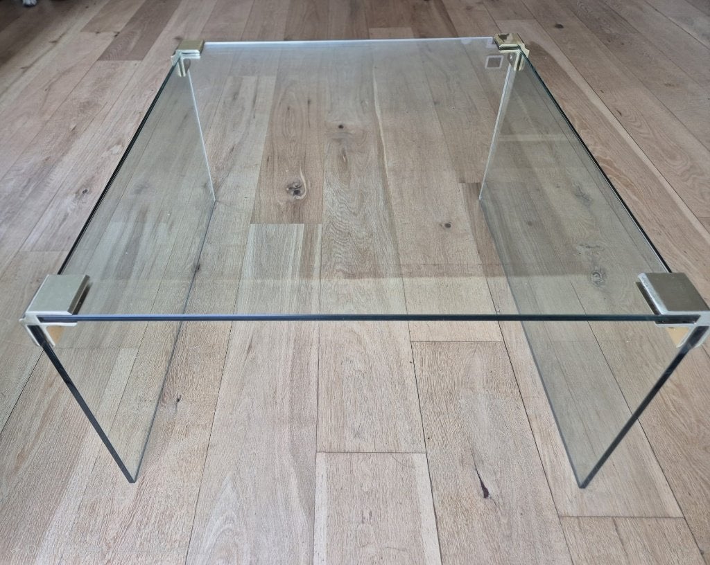 Vintage glazen design salontafel - messingkleur details, Ophalen, Gebruikt, 50 tot 100 cm, 50 tot 100 cm