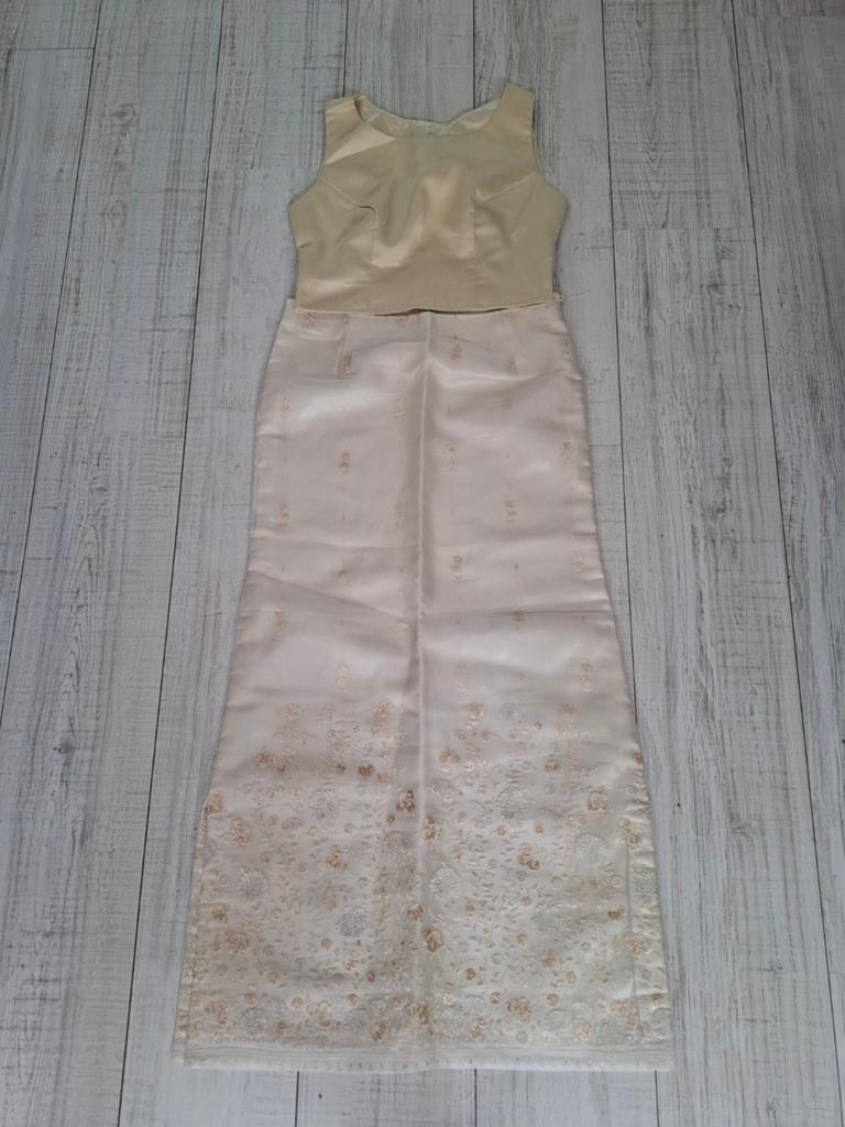 Rok en blouse set, Trouwjurk, gala feest set maat 34/36, Beige, Ophalen of Verzenden, Maat 34 (XS) of kleiner, Gedragen