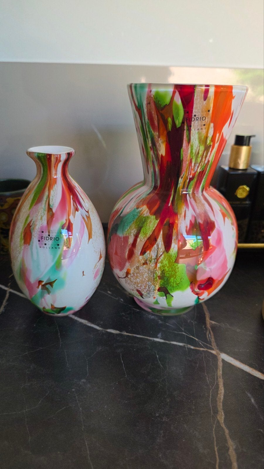 Set van 2 Fidrio Holland vazen, kleurrijk glas, Ophalen