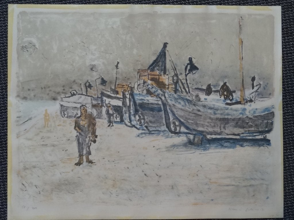 kleuren litho schepen op het strand, gesigneerd, Verzenden, Overige technieken, Voertuigen