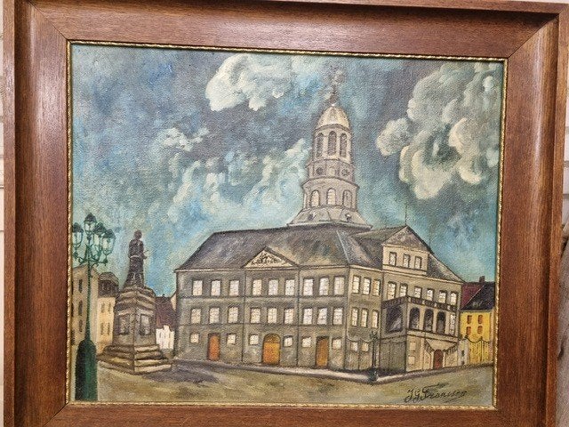 Olieverfschilderij Stadhuis Maastricht - Impressionistisch, Ophalen of Verzenden