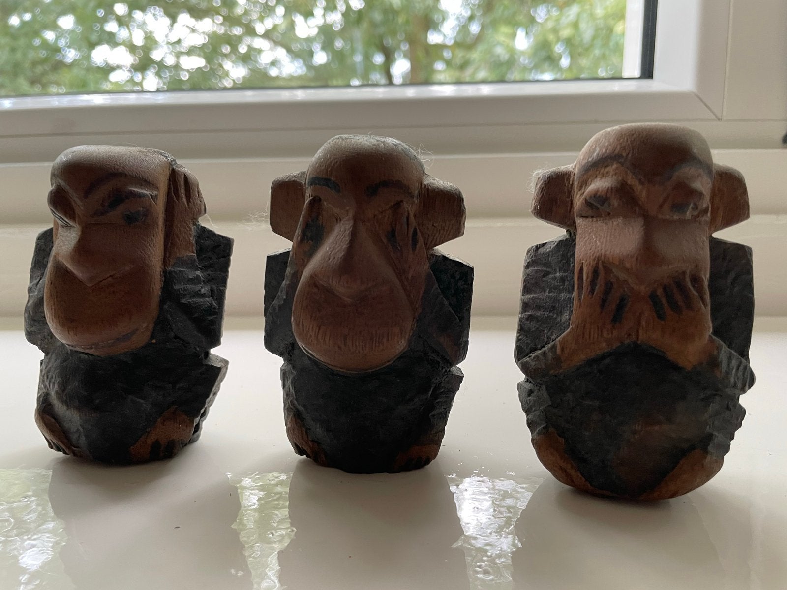 Houten Beelden: Drie Wijze Apen (Horen, Zien, Zwijgen), Minder dan 20 cm, Ophalen of Verzenden, Beeld, Hout