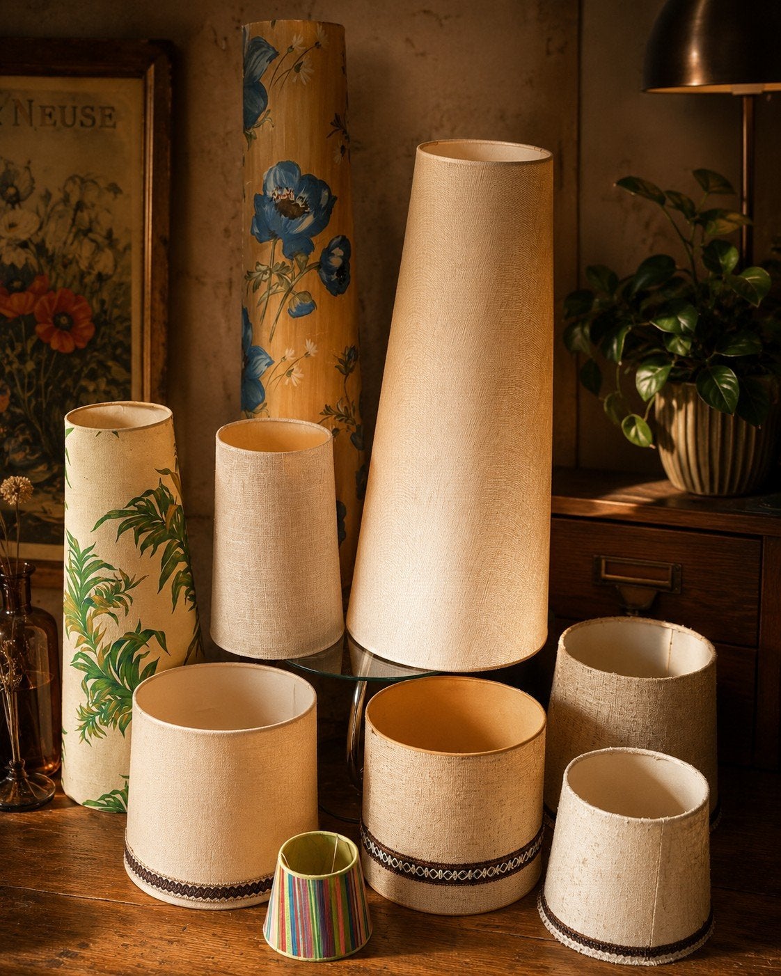 Vintage lampenkappen set – botanisch & retro stijl, Ophalen, Gebruikt, Meerkleurig, Rond
