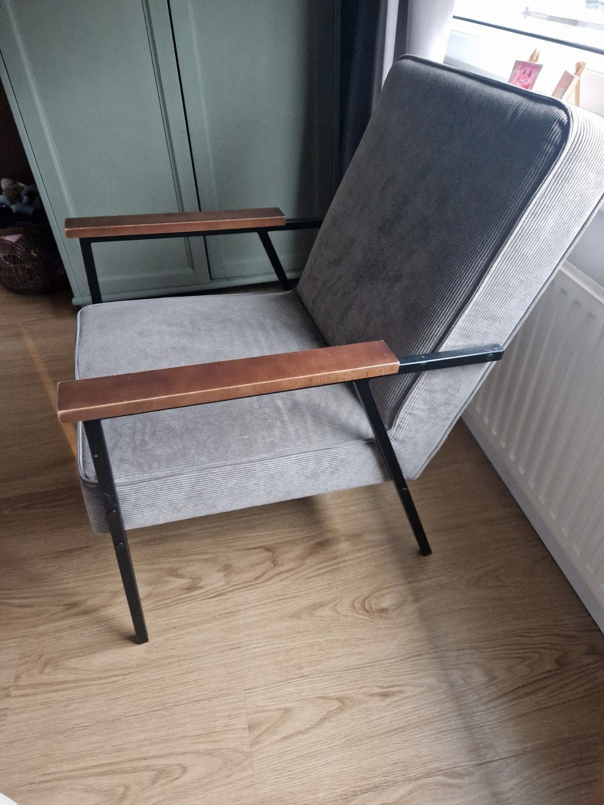 Vintage retro rib stoel van merk  Woood fauteuil grijs, Ophalen, Gebruikt, Grijs, Eén