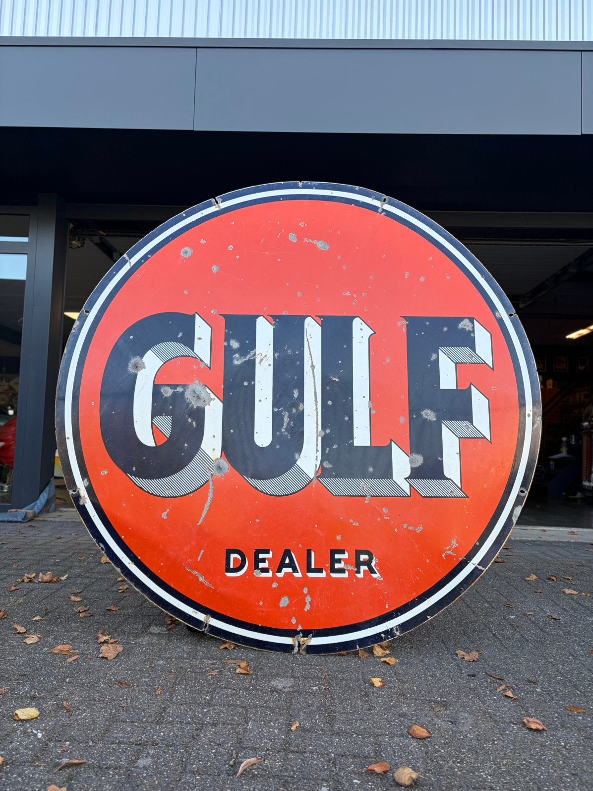 Emaille reclamebord GULF DEALER - USA - dubbelzijdig, Verzamelen, Ophalen, Gebruikt, Reclamebord
