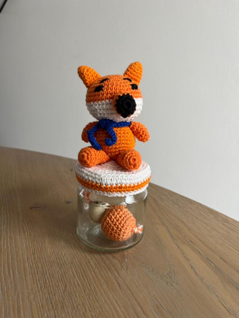 Gehaakte vos knuffel met glazen potje / sleutelhanger, Oranje, Overige merken, Nieuw, Ophalen of Verzenden