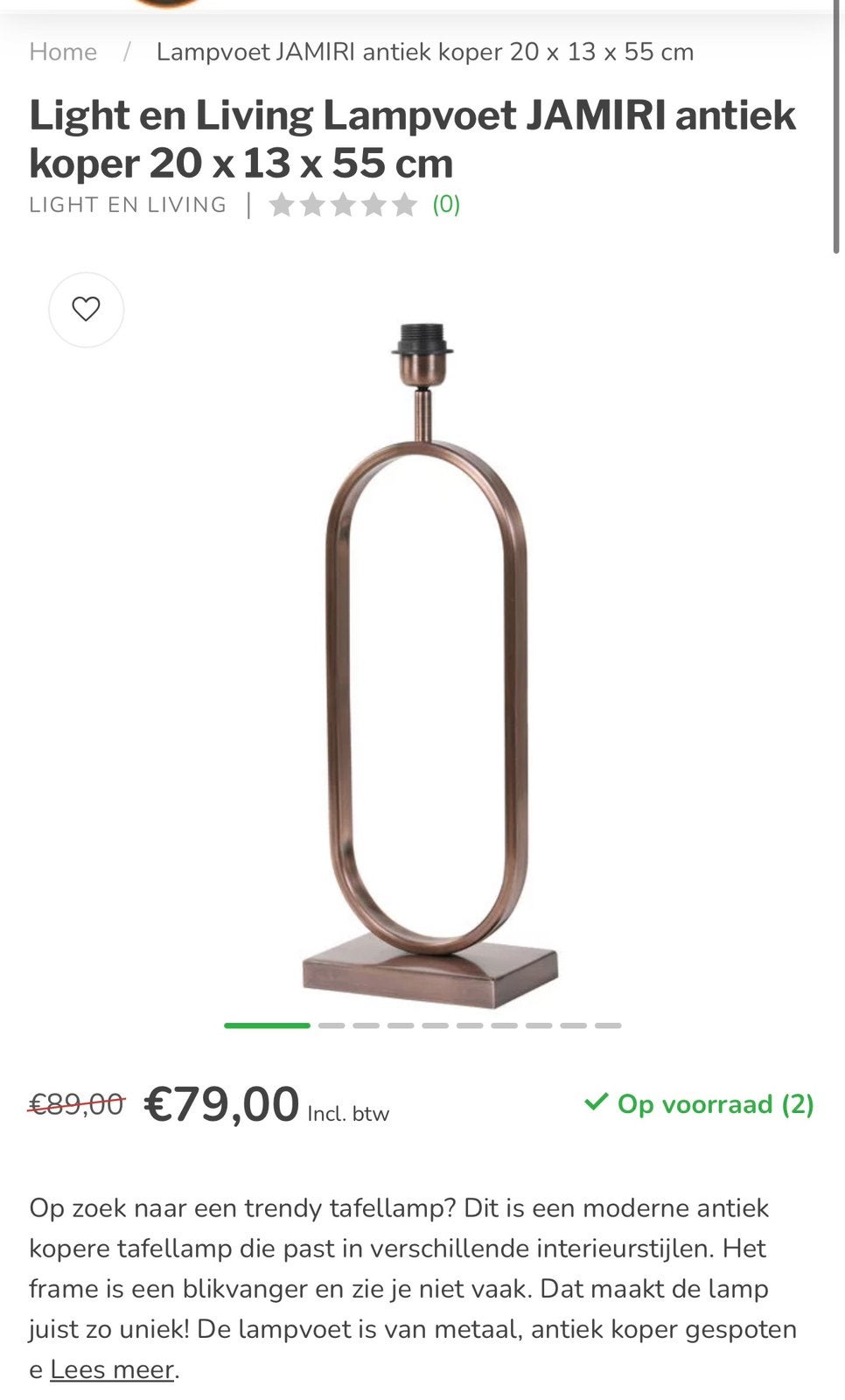 Light en Living Lampvoet JAMIRI antiek koper 20 x 13 x 55 cm, Overige kleuren, Ophalen of Verzenden, Nieuw, 55 cm