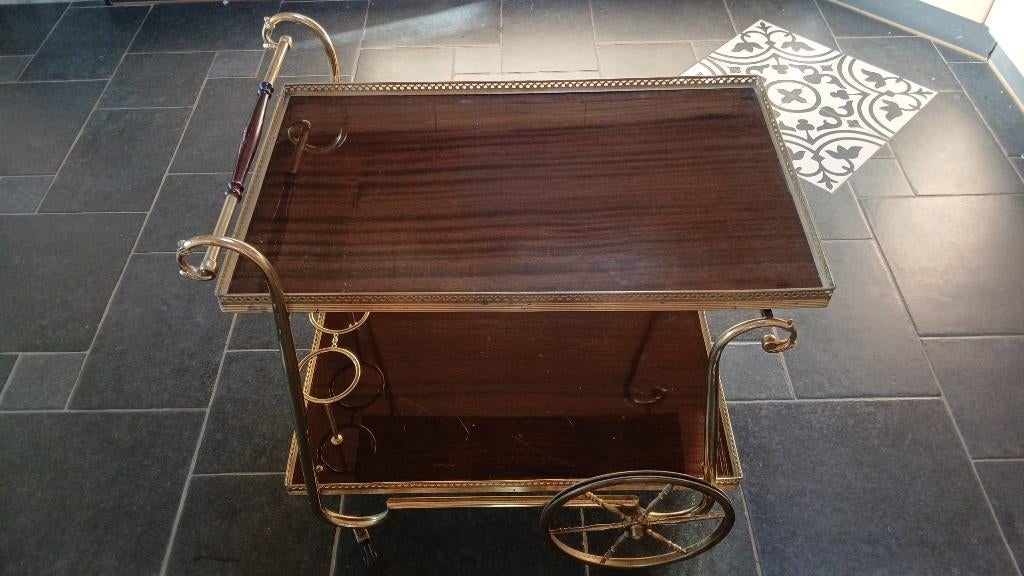 Elegante vintage messing serveerwagen, Huis en Inrichting, Tafels | Bijzettafels, Ophalen, Gebruikt, Metaal of Aluminium, 55 tot 75 cm