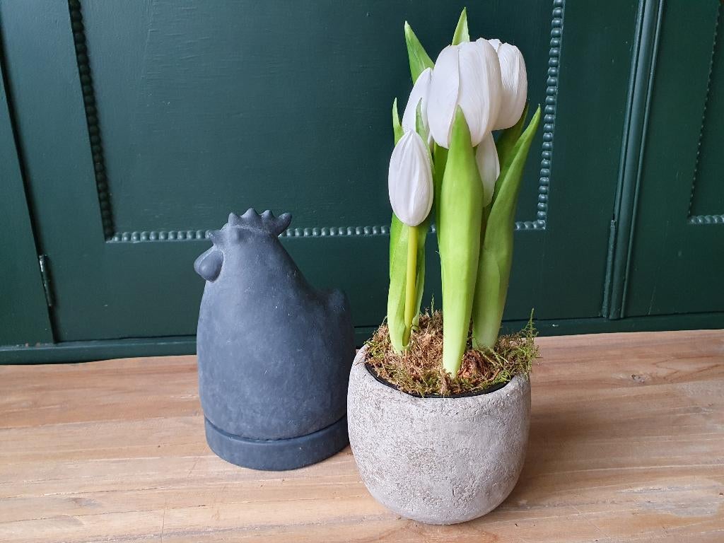 Kunst tulpen wit met grijze bloempot, *, *, Nieuw, Ophalen of Verzenden