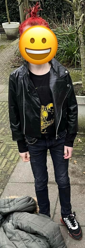 Stoer nep leren biker jasje, punk, carnaval, 140/146, Ophalen of Verzenden, Zo goed als nieuw, 134 t/m 140, Jongen of Meisje
