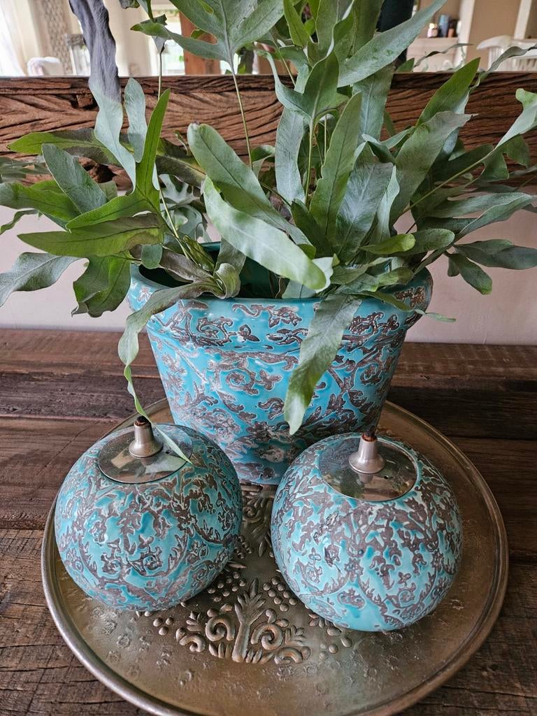 PTMD pot en 2 olielampjes, Blauw, Aardewerk of Porselein, Ophalen of Verzenden, Zo goed als nieuw