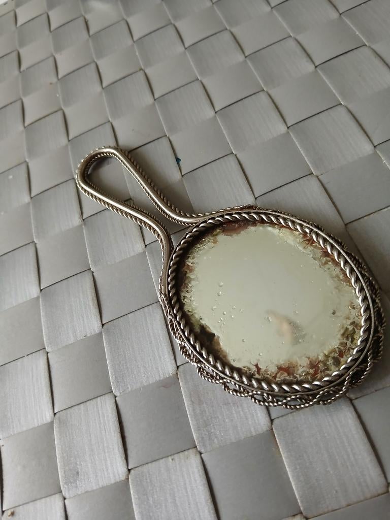 Ovale handspiegel met zilveren rand, Antiek en Kunst, Ophalen of Verzenden