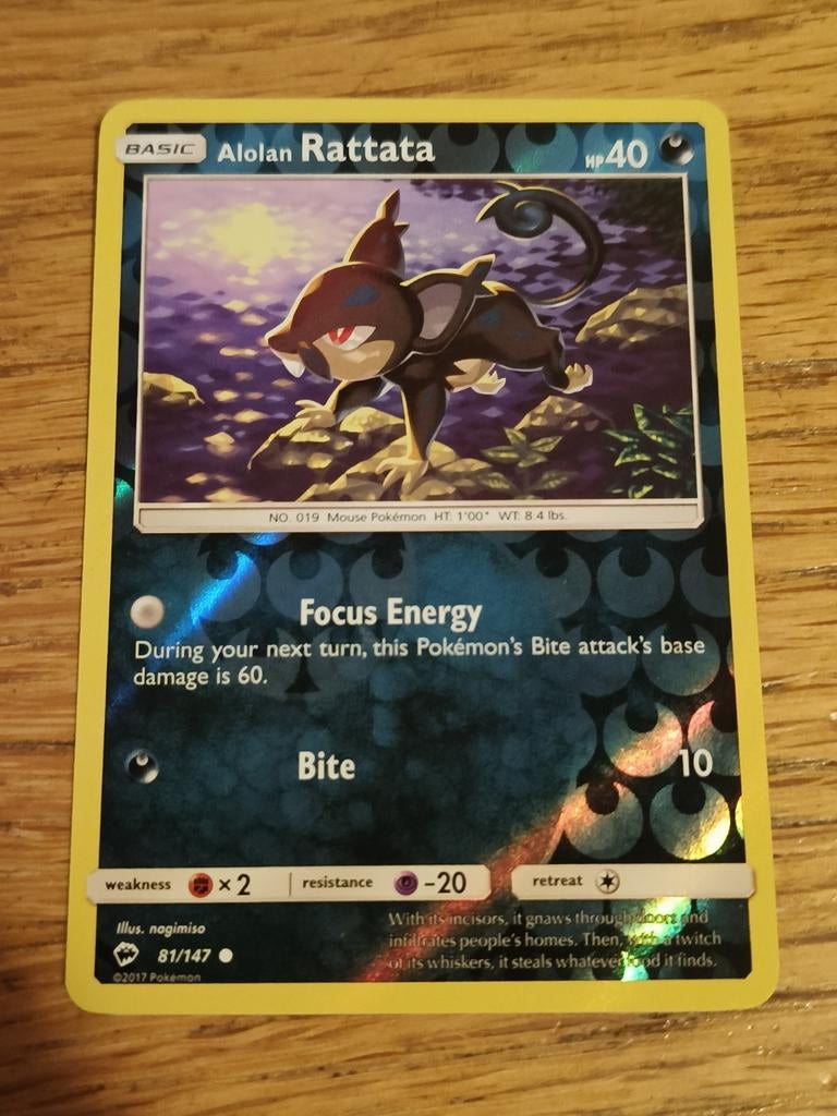 Alolan rattata reverse holo 81/147 burning shadows, Ophalen of Verzenden, Zo goed als nieuw, Losse kaart, Foil
