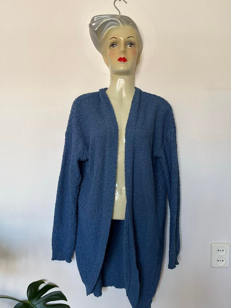 Zgan blauw lang open rond aflopend vest Hema M bolletjes, Maat 38/40 (M), Blauw, Ophalen of Verzenden, Zo goed als nieuw