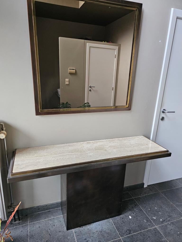 Belgo Chrom, brass & travertin wall console & mirror, Ophalen, Gebruikt, 100 tot 150 cm, 100 tot 125 cm