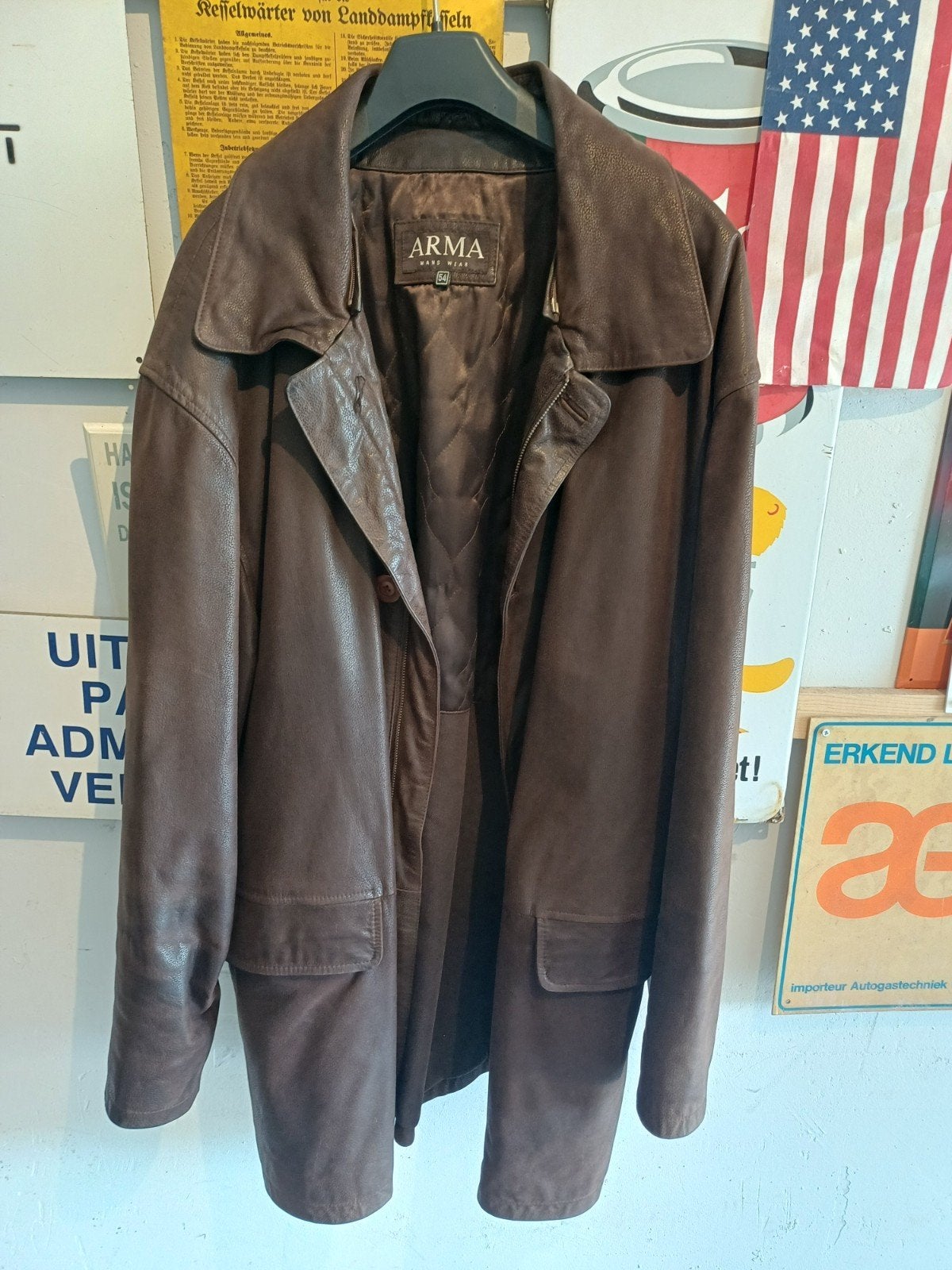 Vintage ARMA Leren Herenjas - Donkerbruin, Maat 54, Kleding | Heren, Maat 52/54 (L), Bruin, ARMA, Ophalen of Verzenden