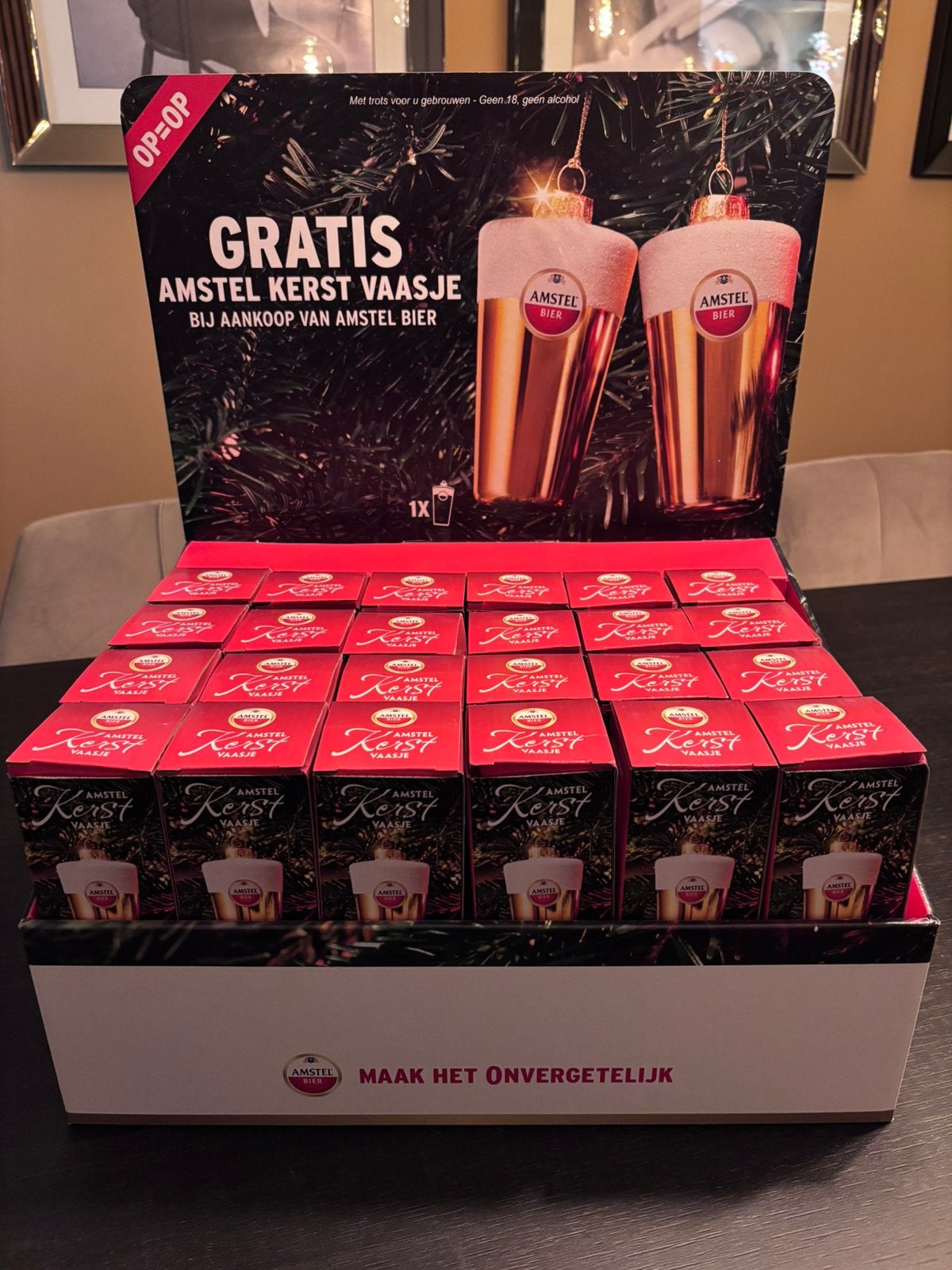 Amstel Bier - 24 Kerstballen/Kerst vaasjes incl. displaydoos, Ophalen of Verzenden, Zo goed als nieuw, Glas of Glazen, Amstel