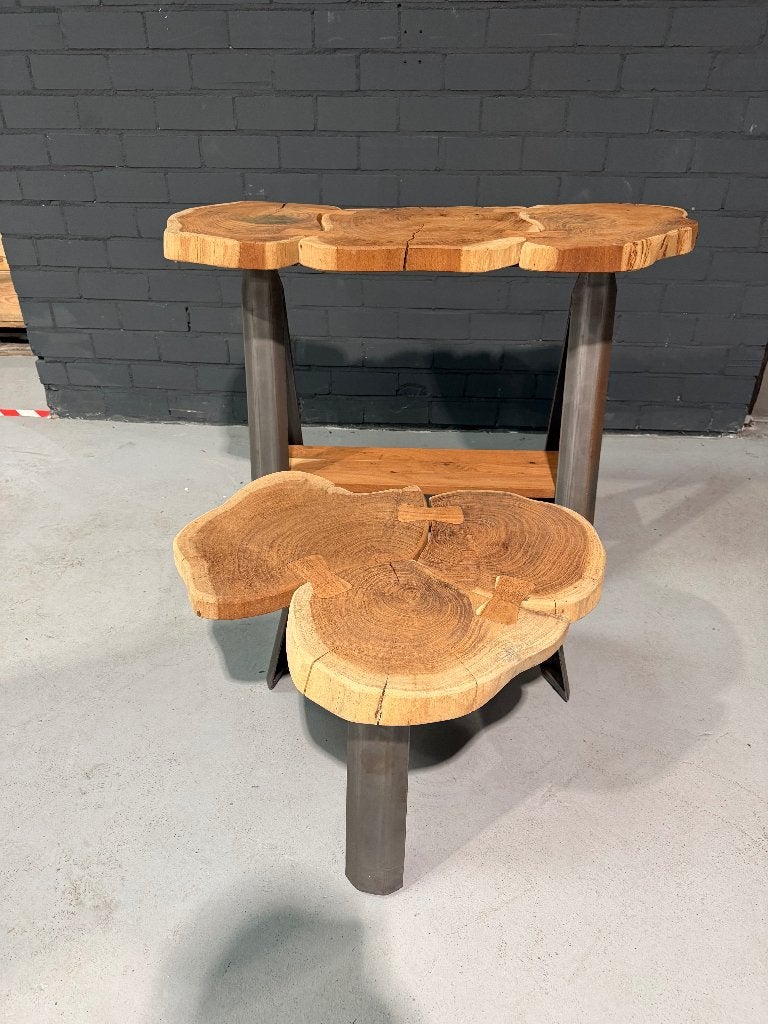 Unieke Side-tabel plus bijzettafel van boomstam en metaal, Ophalen, Industrieel, Rustiek, Natuurlijk, 50 tot 100 cm, Teakhout
