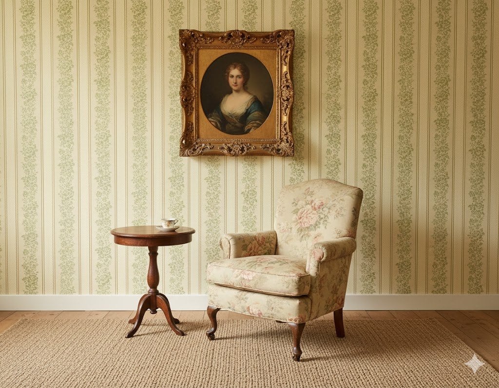 6741 groen bloemenstreep vintage behang swiet, Ophalen of Verzenden, Groen