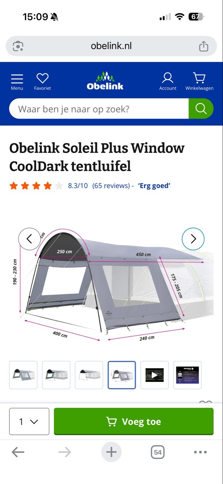Obelink Soleil Plus Window CoolDark tentluifel NIEUW, Ophalen, Nieuw