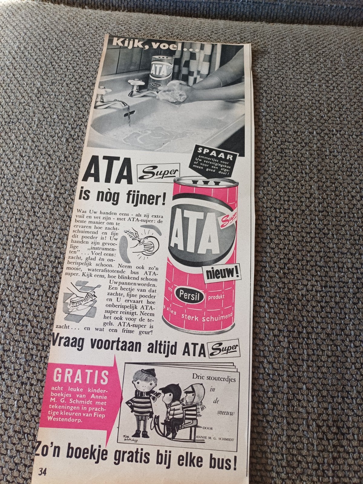 advertentie Ata schuurmiddel 4 Annie M.G Schmidt 1959, Verzamelen, Ophalen of Verzenden, Zo goed als nieuw, Overige typen