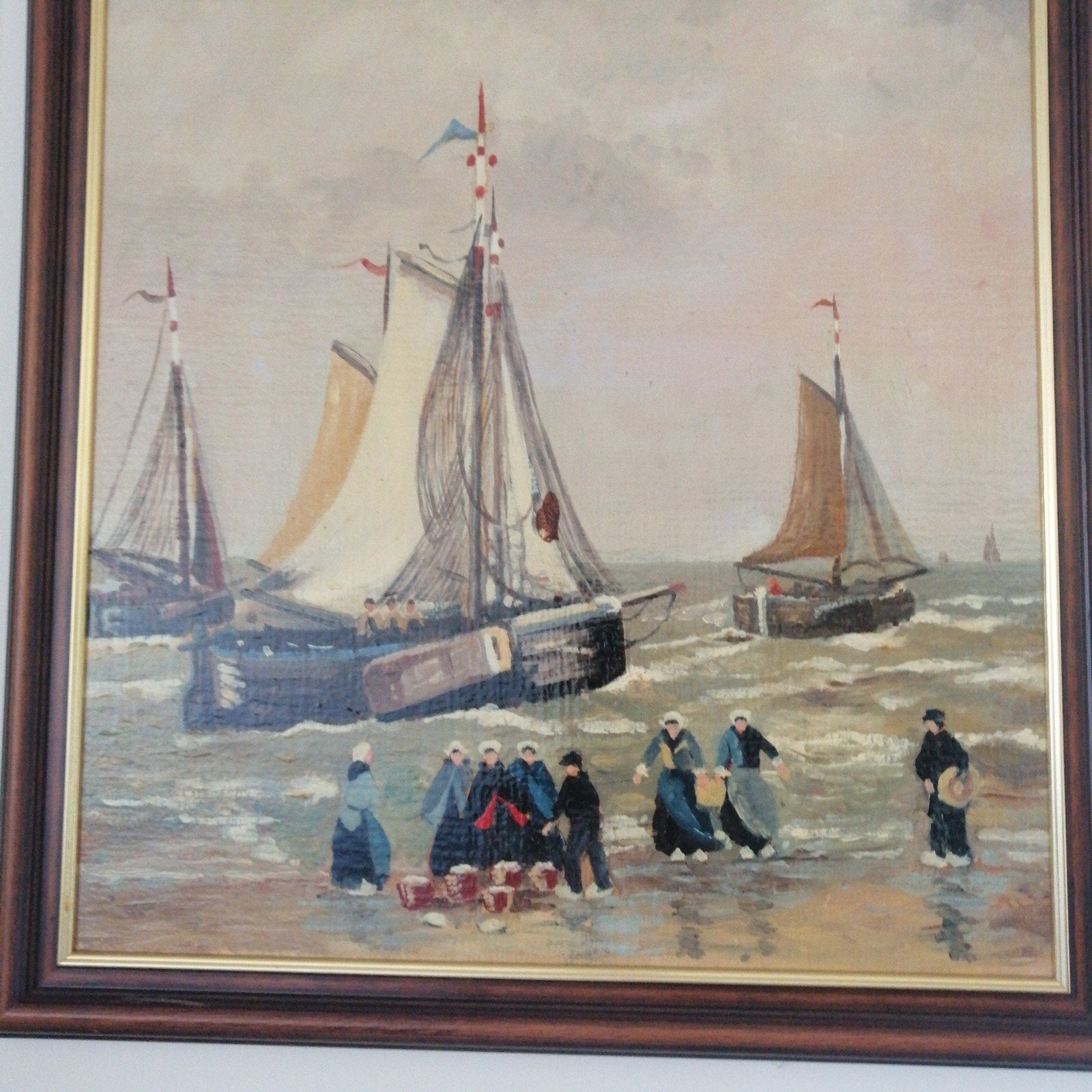 Schilderij: Vissers aan Zee met Schepen, Antiek en Kunst, Kunst | Schilderijen | Klassiek, Ophalen, Maritiem / water, Doek, Realistisch
