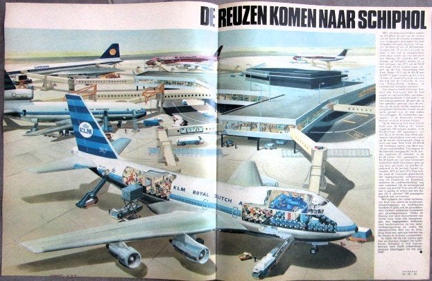 Vintage poster De reuzen komen naar Schiphol 1970 luchtvaart, Ophalen of Verzenden, Gebruikt, Kaart, Foto of Prent