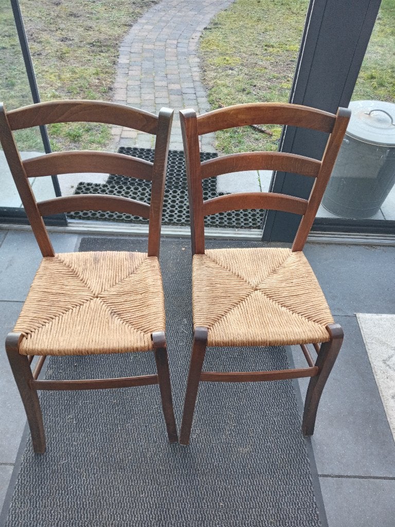2 STOELTJES MET RIETEN ZITTING, Ophalen, Twee, Bruin, Hout