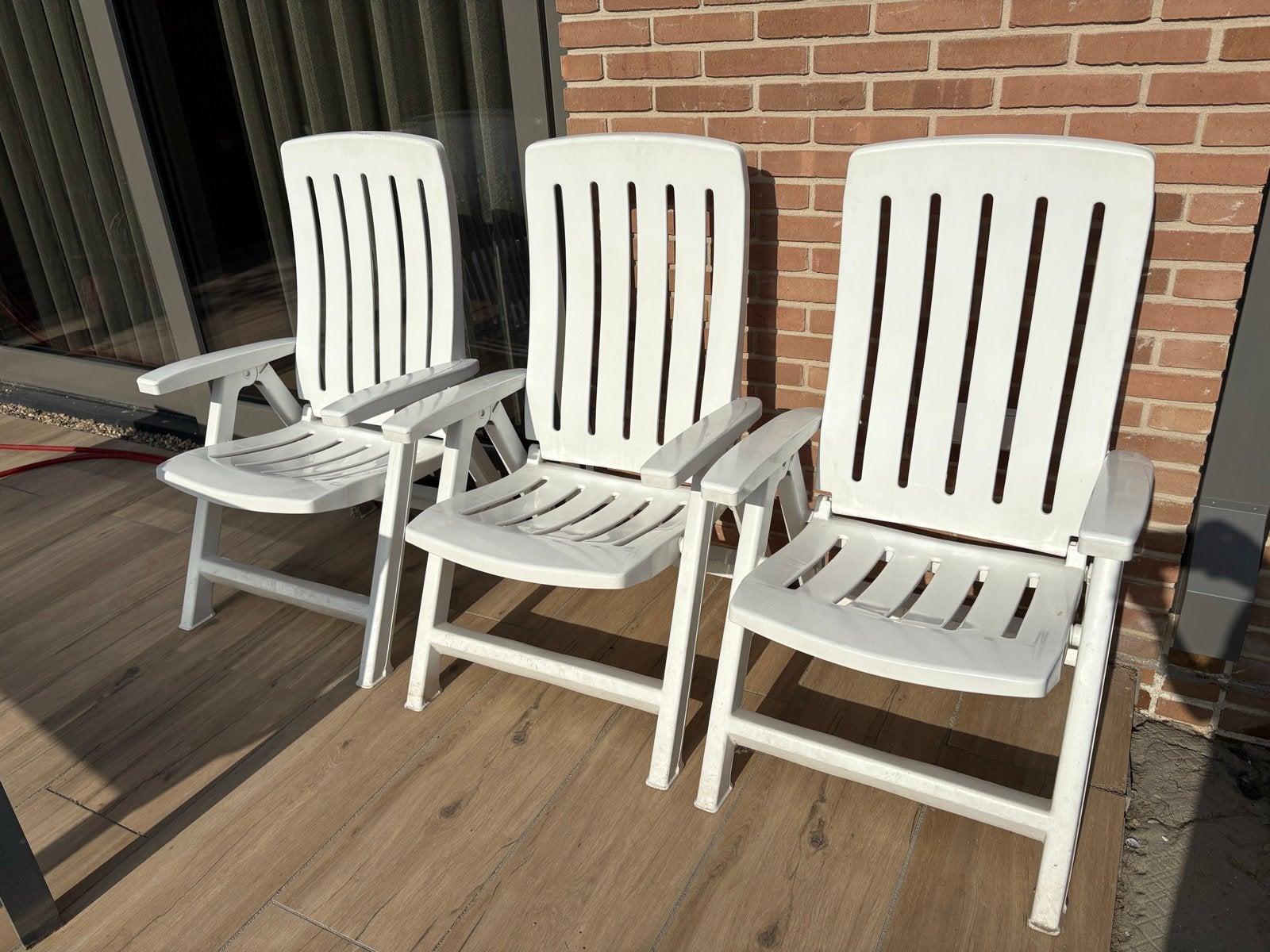 3 Jardin standenstoelen met donkerblauwe kussens, Tuin en Terras, Tuinstoelen, Ophalen, Gebruikt, Kunststof, Verstelbaar