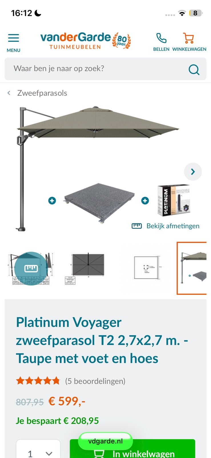 Parasol, Tuin en Terras, Parasols, Ophalen, Nieuw, 3 tot 4 meter, Zweefparasol