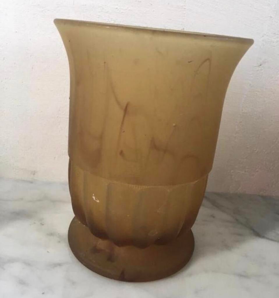 Vintage unieke jaren'50 okergele vaas glas bloempot 16,5cm, Ophalen of Verzenden